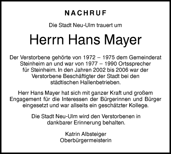 Traueranzeige von Hans Mayer von SÜDWEST PRESSE Ausgabe Ulm/Neu-Ulm