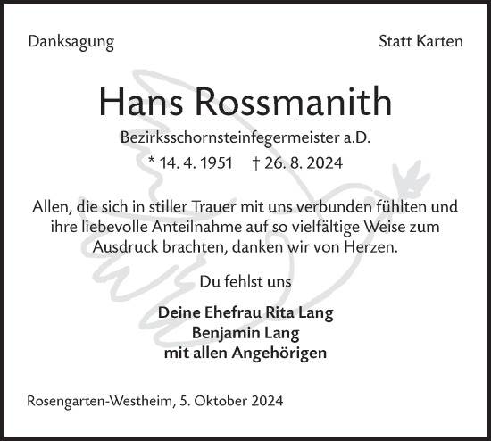 Traueranzeige von Hans Rossmanith von Haller Tagblatt