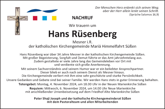 Traueranzeige von Hans Rüsenberg von NWZ Neue Württembergische Zeitung