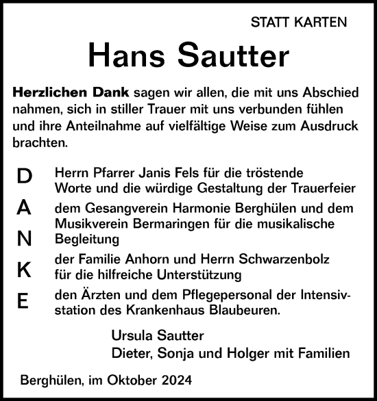 Traueranzeige von Hans Sautter von SÜDWEST PRESSE Ausgabe Ulm/Neu-Ulm