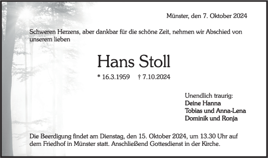 Traueranzeige von Hans Stoll von Rundschau Gaildorf