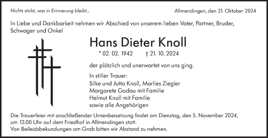 Traueranzeige von Hans Dieter Knoll von SÜDWEST PRESSE Ausgabe Ulm/Neu-Ulm