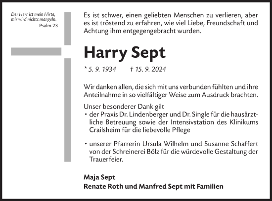 Traueranzeige von Harry Sept von Haller Tagblatt