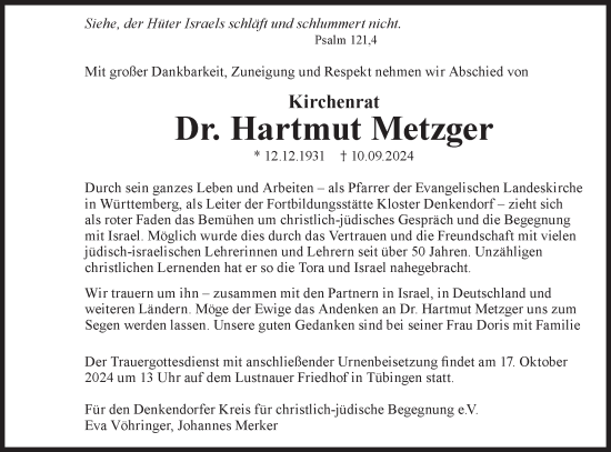 Traueranzeige von Hartmut Metzger von Schwäbische Tagblatt