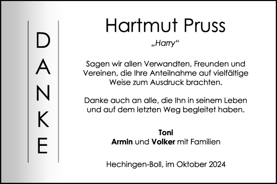 Traueranzeige von Hartmut Pruss von SÜDWEST PRESSE Zollernalbkreis/Hohenzollerische Zeitung