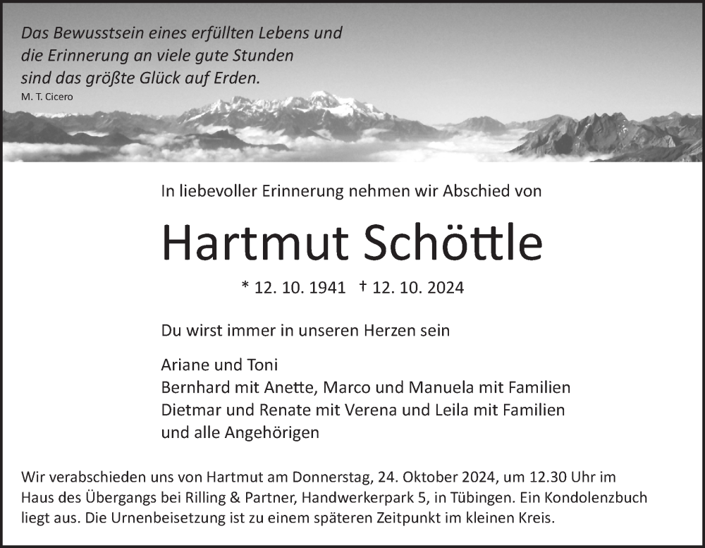  Traueranzeige für Hartmut Schöttle vom 16.10.2024 aus Schwäbische Tagblatt