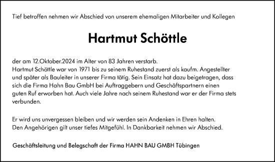 Traueranzeige von Hartmut Schöttle von Schwäbische Tagblatt