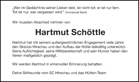 Traueranzeige von Hartmut Schöttle von Schwäbische Tagblatt