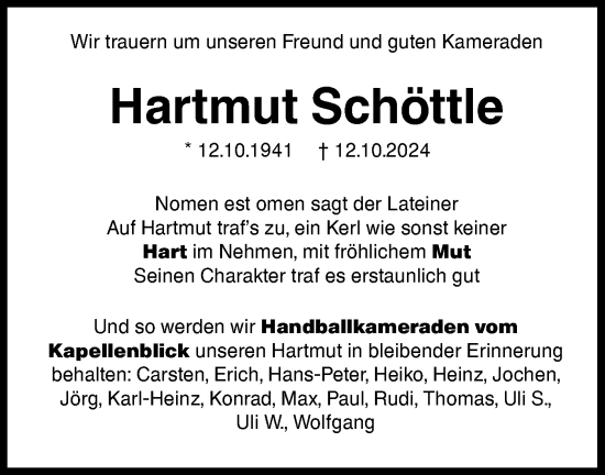 Traueranzeige von Hartmut Schöttle von Schwäbische Tagblatt