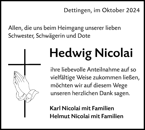 Traueranzeige von Hedwig Nicolai von Alb-Bote/Metzinger-Uracher Volksblatt