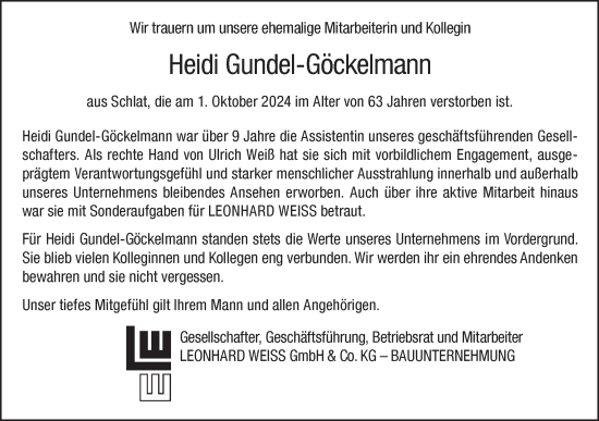 Traueranzeige von Heidi Gundel-Göckelmann von NWZ Neue Württembergische Zeitung