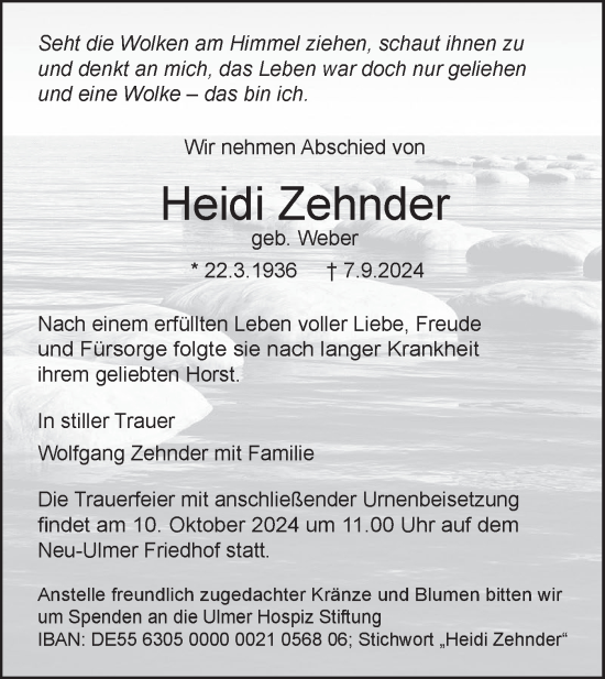 Traueranzeige von Heidi Zehnder von SÜDWEST PRESSE Ausgabe Ulm/Neu-Ulm