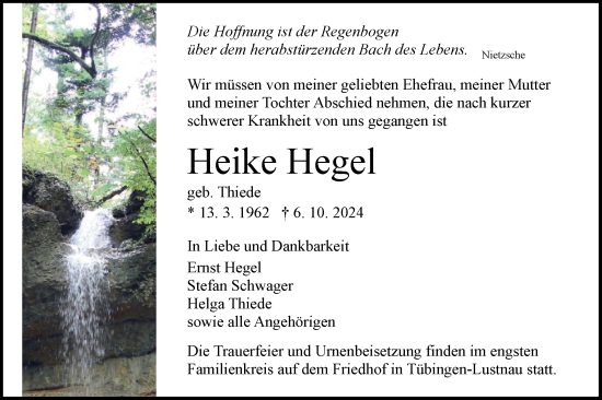 Traueranzeige von Heike Hegel von Schwäbische Tagblatt