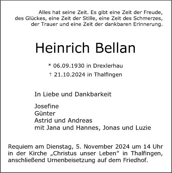 Traueranzeige von Heinrich Bellan von SÜDWEST PRESSE Ausgabe Ulm/Neu-Ulm/Neu-Ulmer Zeitung