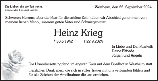 Traueranzeige von Heinz Krieg von Haller Tagblatt