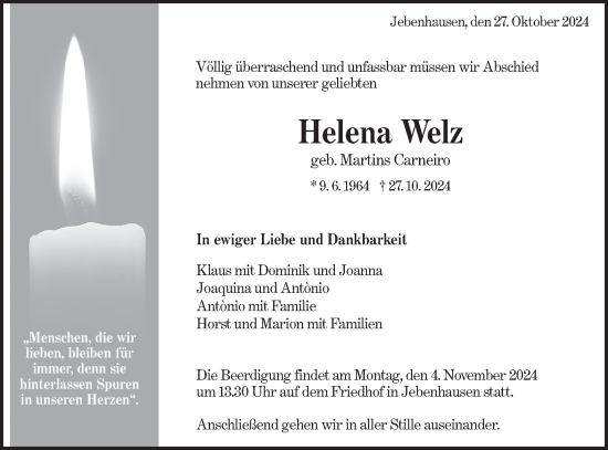 Traueranzeige von Helena Welz von NWZ Neue Württembergische Zeitung