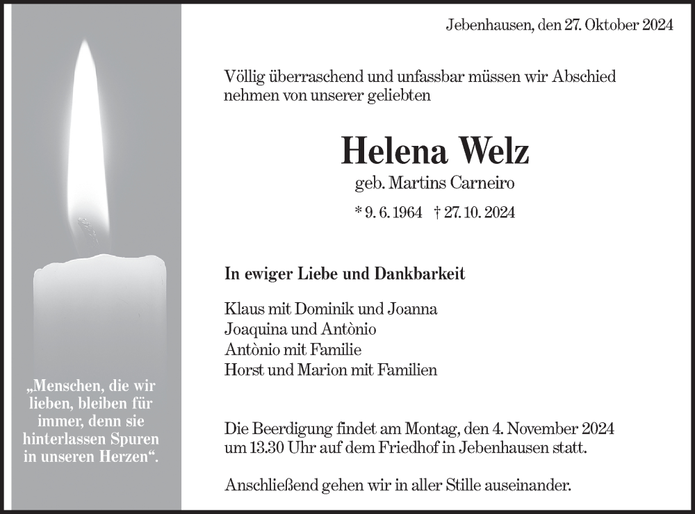  Traueranzeige für Helena Welz vom 30.10.2024 aus NWZ Neue Württembergische Zeitung