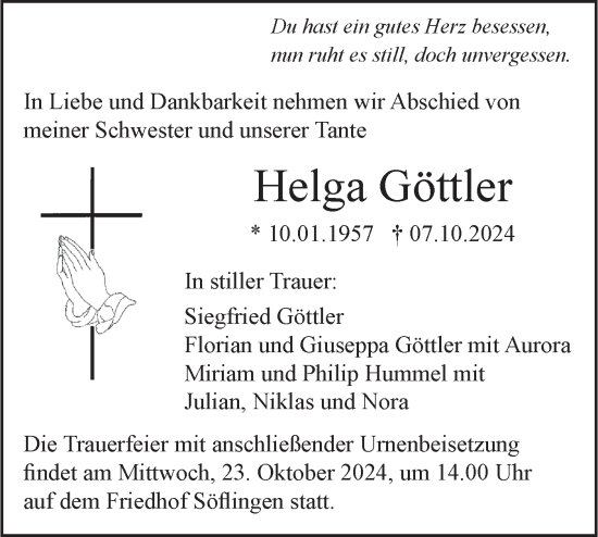 Traueranzeige von Helga Göttler von SÜDWEST PRESSE Ausgabe Ulm/Neu-Ulm