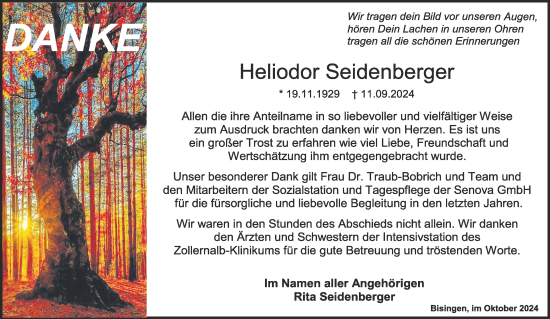 Traueranzeige von Heliodor Seidenberger von SÜDWEST PRESSE Zollernalbkreis/Hohenzollerische Zeitung