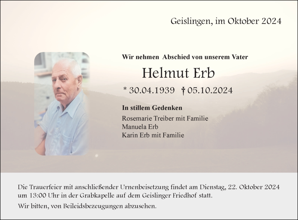  Traueranzeige für Helmut Erb vom 16.10.2024 aus Geislinger Zeitung