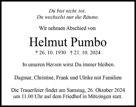 Traueranzeige von Helmut Pumbo von Schwäbische Tagblatt