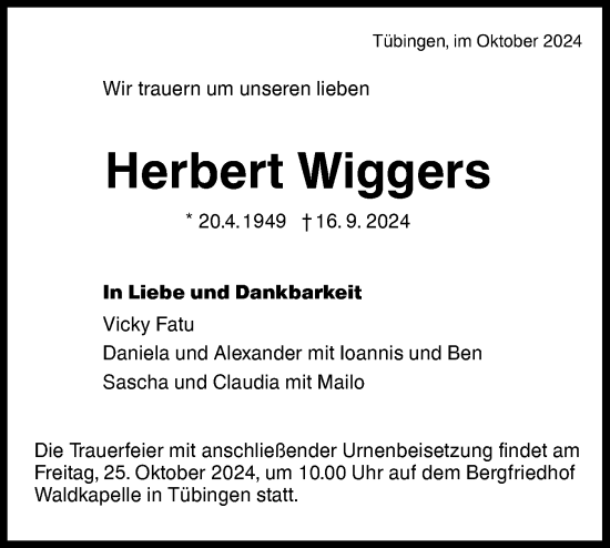 Traueranzeige von Herbert Wiggers von Schwäbische Tagblatt