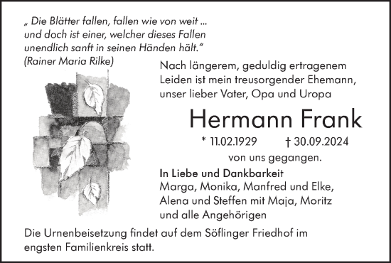 Traueranzeige von Hermann Frank von SÜDWEST PRESSE Ausgabe Ulm/Neu-Ulm