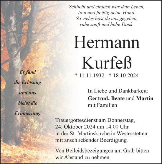 Traueranzeige von Hermann Kurfeß von SÜDWEST PRESSE Ausgabe Ulm/Neu-Ulm