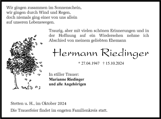 Traueranzeige von Hermann Riedinger von SÜDWEST PRESSE Zollernalbkreis/Hohenzollerische Zeitung