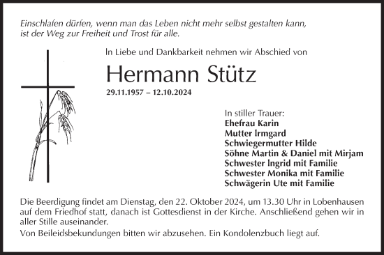 Traueranzeige von Hermann Stütz von Hohenloher Tagblatt