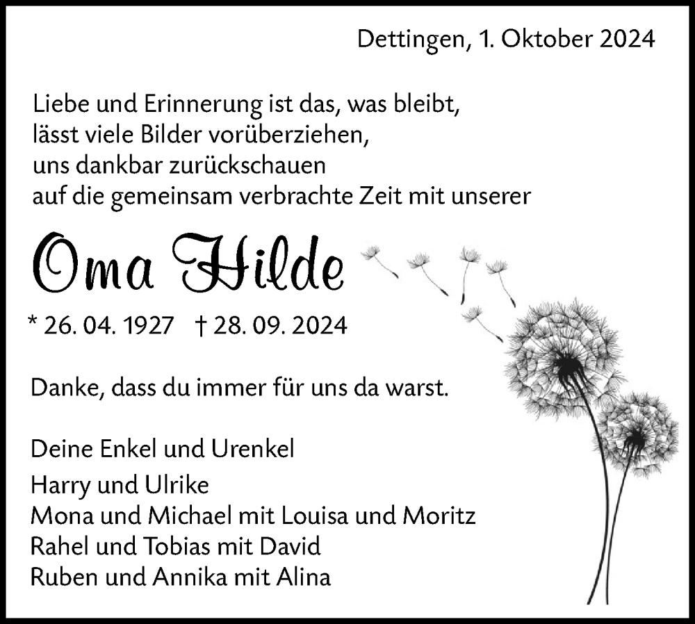  Traueranzeige für Hilde  vom 01.10.2024 aus Alb-Bote/Metzinger-Uracher Volksblatt