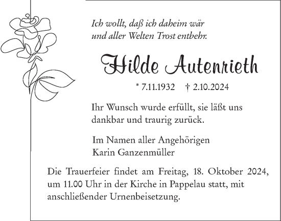 Traueranzeige von Hilde Autenrieth von SÜDWEST PRESSE Ausgabe Ulm/Neu-Ulm