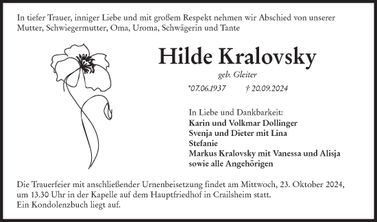 Traueranzeige von Hilde Kralovsky von Hohenloher Tagblatt