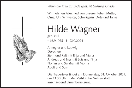 Traueranzeige von Hilde Wagner von Schwäbische Tagblatt