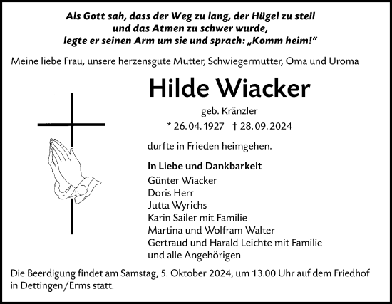 Traueranzeige von Hilde Wiacker von Alb-Bote/Metzinger-Uracher Volksblatt