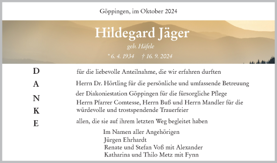 Traueranzeige von Hildegard Jäger von NWZ Neue Württembergische Zeitung