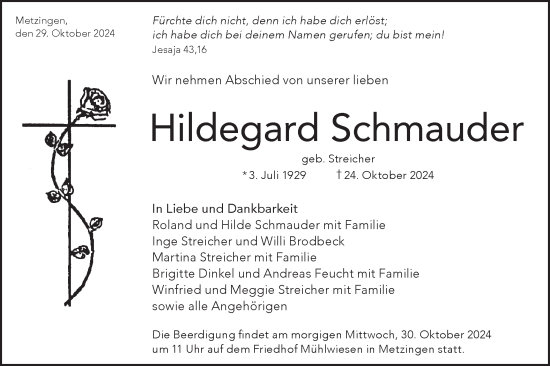 Traueranzeige von Hildegard Schmauder von Alb-Bote/Metzinger-Uracher Volksblatt