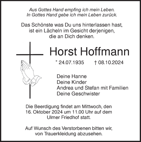 Traueranzeige von Horst Hoffmann von SÜDWEST PRESSE Ausgabe Ulm/Neu-Ulm