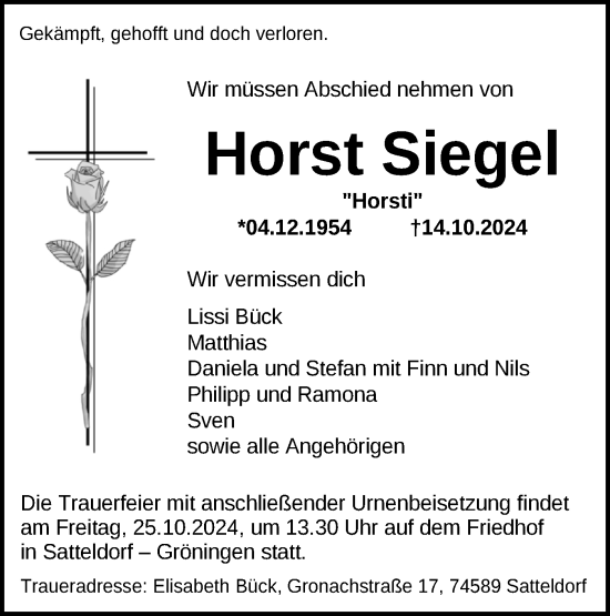 Traueranzeige von Horst Siegel von Hohenloher Tagblatt