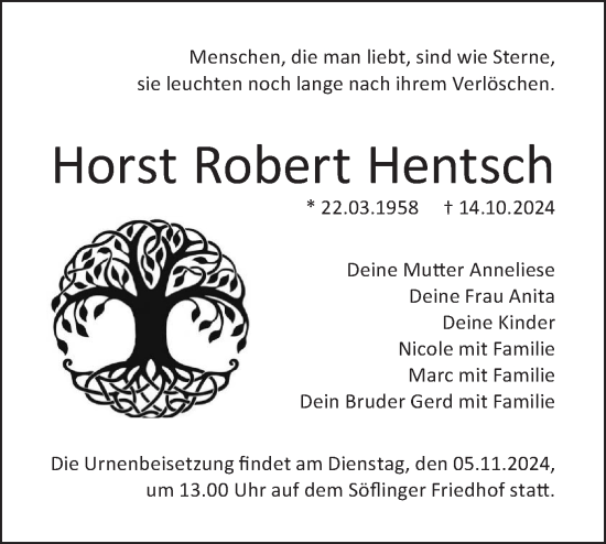 Traueranzeige von Horst Robert Hentsch von SÜDWEST PRESSE Ausgabe Ulm/Neu-Ulm