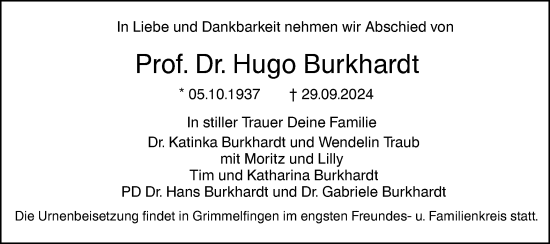 Traueranzeige von Hugo Burkhardt von SÜDWEST PRESSE Ausgabe Ulm/Neu-Ulm