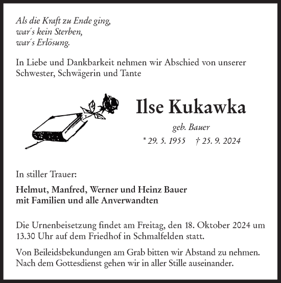 Traueranzeige von Ilse Kukawka von Hohenloher Tagblatt