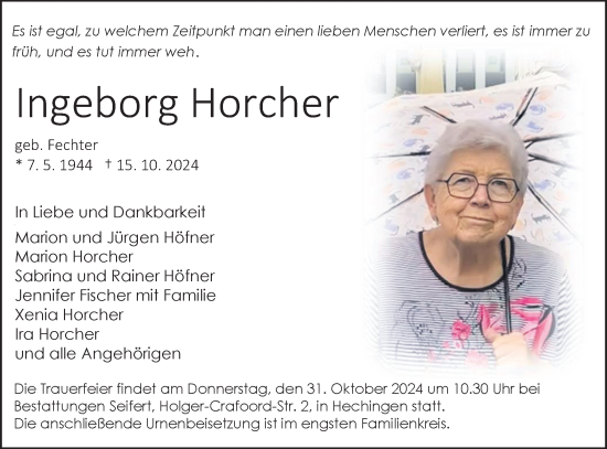 Traueranzeige von Ingeborg Horcher von SÜDWEST PRESSE Zollernalbkreis/Hohenzollerische Zeitung