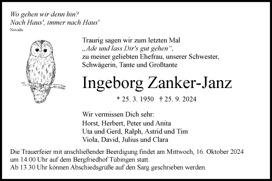 Traueranzeige von Ingeborg Zanker-Janz von Neckar-Chronik