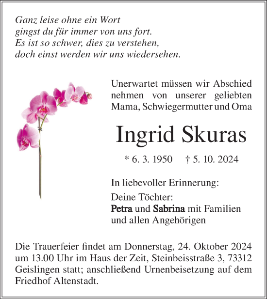 Traueranzeige von Ingrid Skuras von Geislinger Zeitung