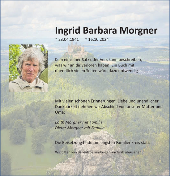 Traueranzeige von Ingrid Barbara Morgner von SÜDWEST PRESSE Zollernalbkreis/Hohenzollerische Zeitung