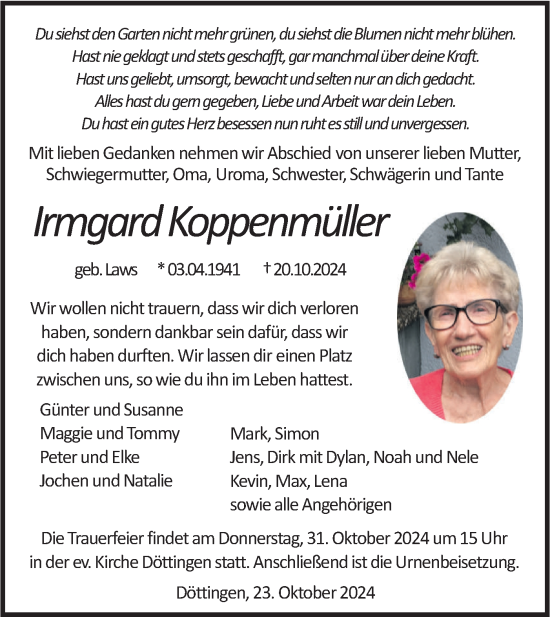 Traueranzeige von Irmgard Koppenmüller von Haller Tagblatt