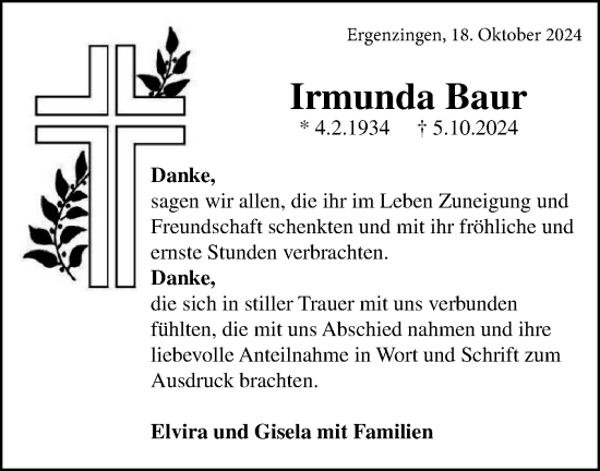 Traueranzeige von Irmunda Baur von Schwäbische Tagblatt