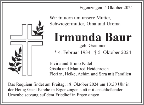 Traueranzeige von Irmunda Baur von Schwäbische Tagblatt