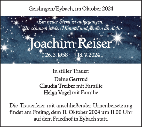 Traueranzeige von Joachim Reiser von Geislinger Zeitung